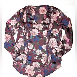 Zara Floral Burgundy Satin Shirt Long Sleeve Blouse Top Women’s Size Medium Cuff